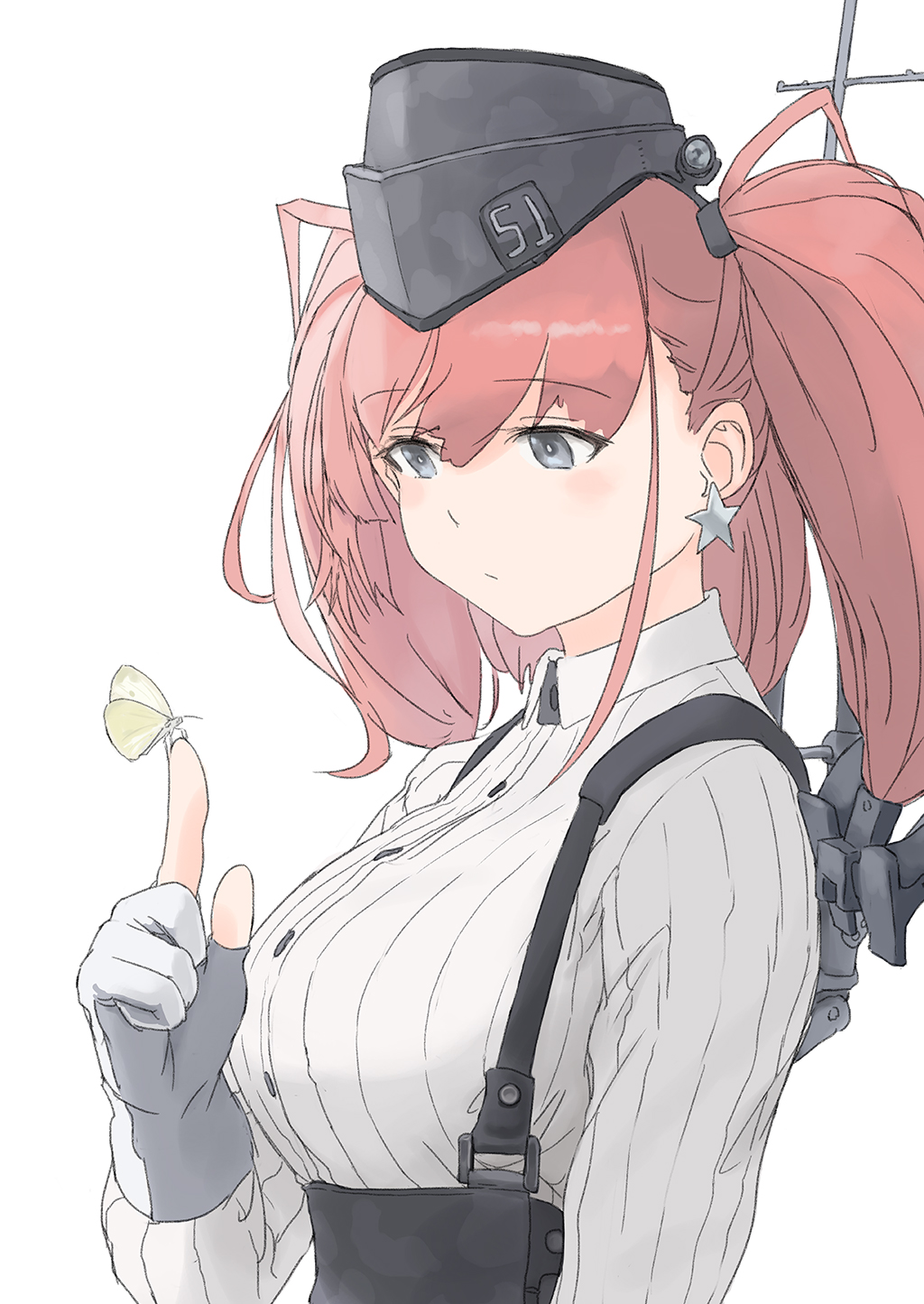 1girl atlanta_(kantai_collection) bangs blush breasts brown_hair bug butterfly butterfly_on_finger closed_mouth earrings eyebrows_visible_through_hair garrison_cap gloves hat headgear high-waist_skirt highres index_finger_raised insect jewelry kantai_collection large_breasts long_hair long_sleeves partly_fingerless_gloves rigging simple_background single_earring skirt solo star star_earrings taruya twintails upper_body white_background