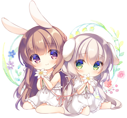 2girls animal_ears bangs bare_arms bare_shoulders barefoot blue_flower blush braid brown_eyes brown_hair chibi closed_mouth collarbone commentary covered_mouth dog_ears dress eyebrows_visible_through_hair floral_background flower frilled_dress frills green_eyes grey_hair hair_between_eyes hair_ribbon holding holding_flower long_hair multiple_girls original pink_ribbon puffy_short_sleeves puffy_sleeves purple_flower rabbit_ears red_flower ribbon short_sleeves sitting sleeveless sleeveless_dress smile symbol_commentary twintails very_long_hair wariza white_background white_dress white_flower white_ribbon yukie_(peach_candy)