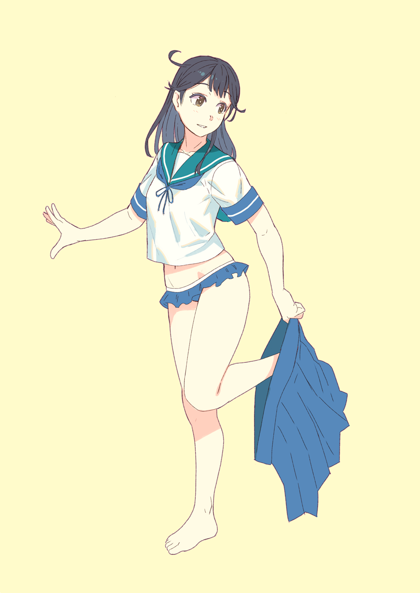 1girl ahoge bad_id bad_twitter_id barefoot bikini bikini_bottom black_hair blue_bikini_bottom blue_sailor_collar blue_skirt brown_eyes collarbone frilled_bikini frilled_bikini_bottom frills full_body groin highres kantai_collection long_hair navel pleated_skirt sailor_collar sailor_shirt school_uniform serafuku shirt simple_background skirt skirt_removed solo swimsuit swimsuit_under_clothes undressing ushio_(kantai_collection) yellow_background yuuji_(and)