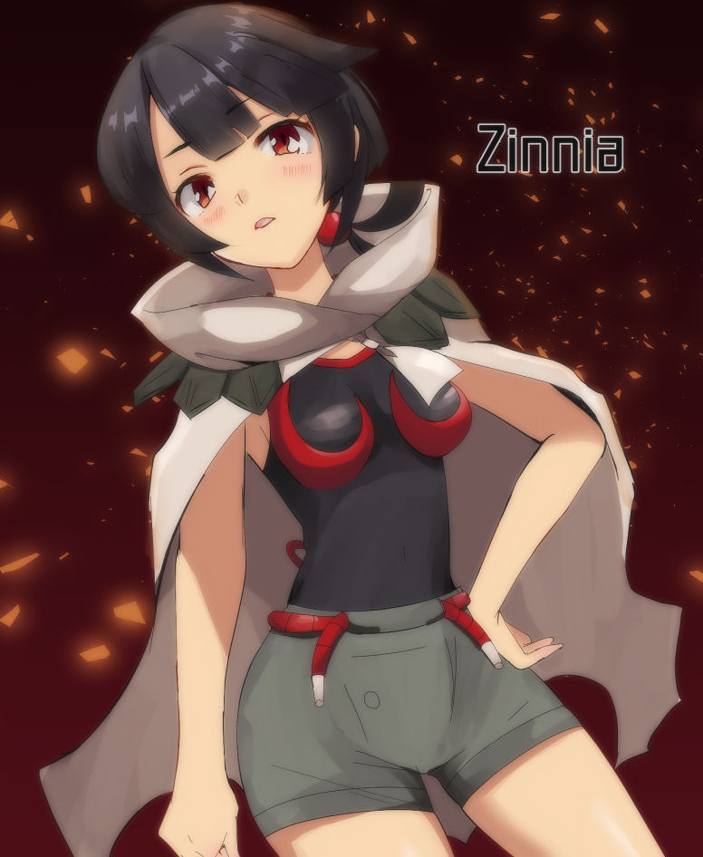 1girl black_hair black_shirt breasts cape cowboy_shot higana_(pokemon) medium_breasts nasakixoc open_mouth pokemon pokemon_(game) pokemon_masters pokemon_oras red_eyes shirt short_hair short_shorts shorts sleeveless sleeveless_shirt standing