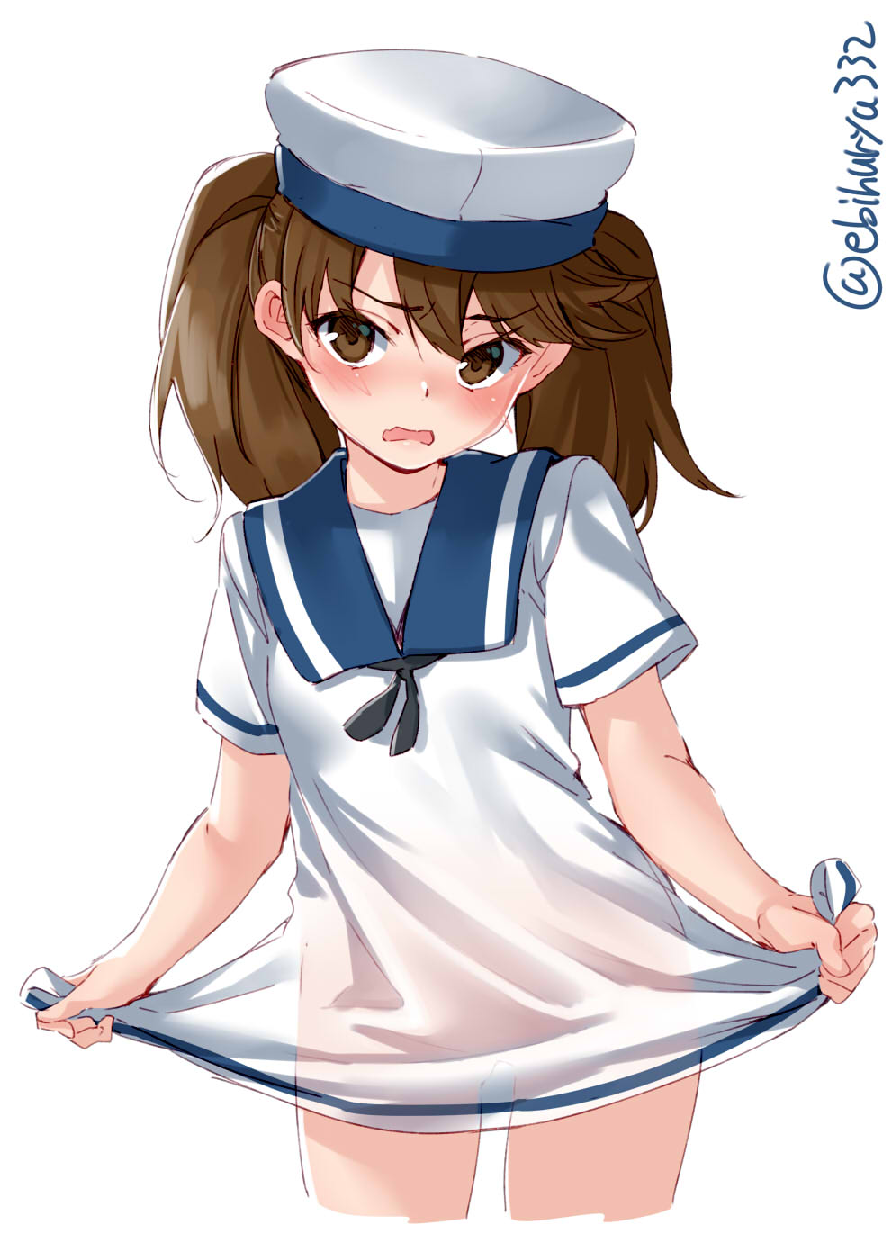 1girl blush bottomless brown_eyes brown_hair cosplay cropped_legs dress ebifurya eyebrows_visible_through_hair hair_between_eyes hat hiburi_(kantai_collection) hiburi_(kantai_collection)_(cosplay) highres kantai_collection long_hair naked_shirt no_panties open_mouth ryuujou_(kantai_collection) sailor_dress sailor_hat see-through shirt short_sleeves simple_background solo twintails twitter_username white_background white_dress white_headwear