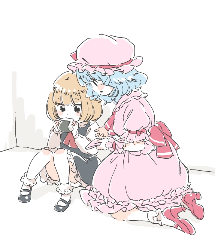 2girls ascot bangs black_eyes black_footwear blonde_hair blue_hair blunt_bangs blush_stickers eating food frilled_hat frilled_legwear frilled_sleeves frills from_side hat high_heels holding holding_food kneeling knees_together_feet_apart knees_up light_blue_hair long_sleeves looking_at_another mary_janes mitsumoto_jouji mob_cap multiple_girls napkin no_wings onigiri pink_headwear profile puffy_short_sleeves puffy_sleeves red_neckwear remilia_scarlet rumia shoe_soles shoes short_hair short_sleeves sitting smile socks touhou wavy_hair white_background white_legwear