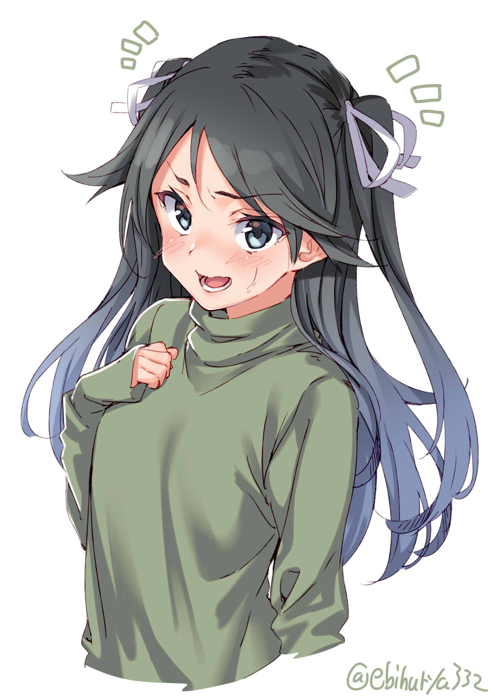 1girl alternate_costume alternate_hairstyle arm_at_side bangs black_hair blue_eyes blue_hair blush breasts cropped_arms cropped_torso ebifurya eyebrows_visible_through_hair gradient_hair green_shirt hair_ribbon hand_on_own_chest highres kantai_collection katsuragi_(kantai_collection) long_hair long_sleeves multicolored_hair open_mouth parted_bangs ponytail ribbon shirt simple_background small_breasts solo turtleneck twitter_username two_side_up very_long_hair white_background white_ribbon