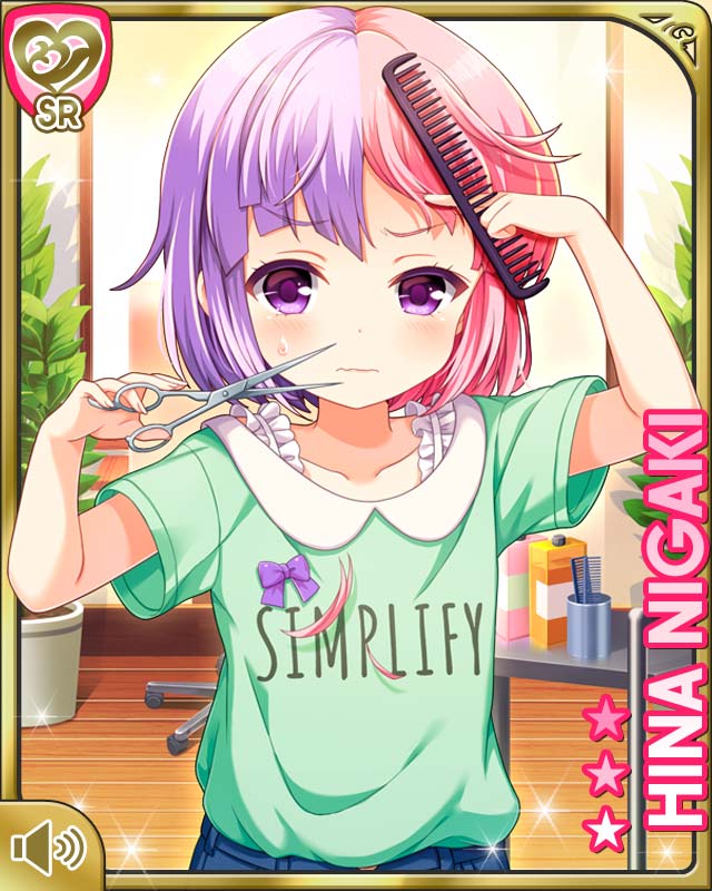 1girl alternate_hair_length alternate_hairstyle arms_up character_name child comb denim girlfriend_(kari) green_shirt indoors jeans multicolored_hair niigaki_hina official_art pants pink_hair plant potted_plant purple_hair qp:flapper scissors shirt short_hair short_sleeves solo sweat sweatdrop two-tone_hair upper_body violet_eyes younger