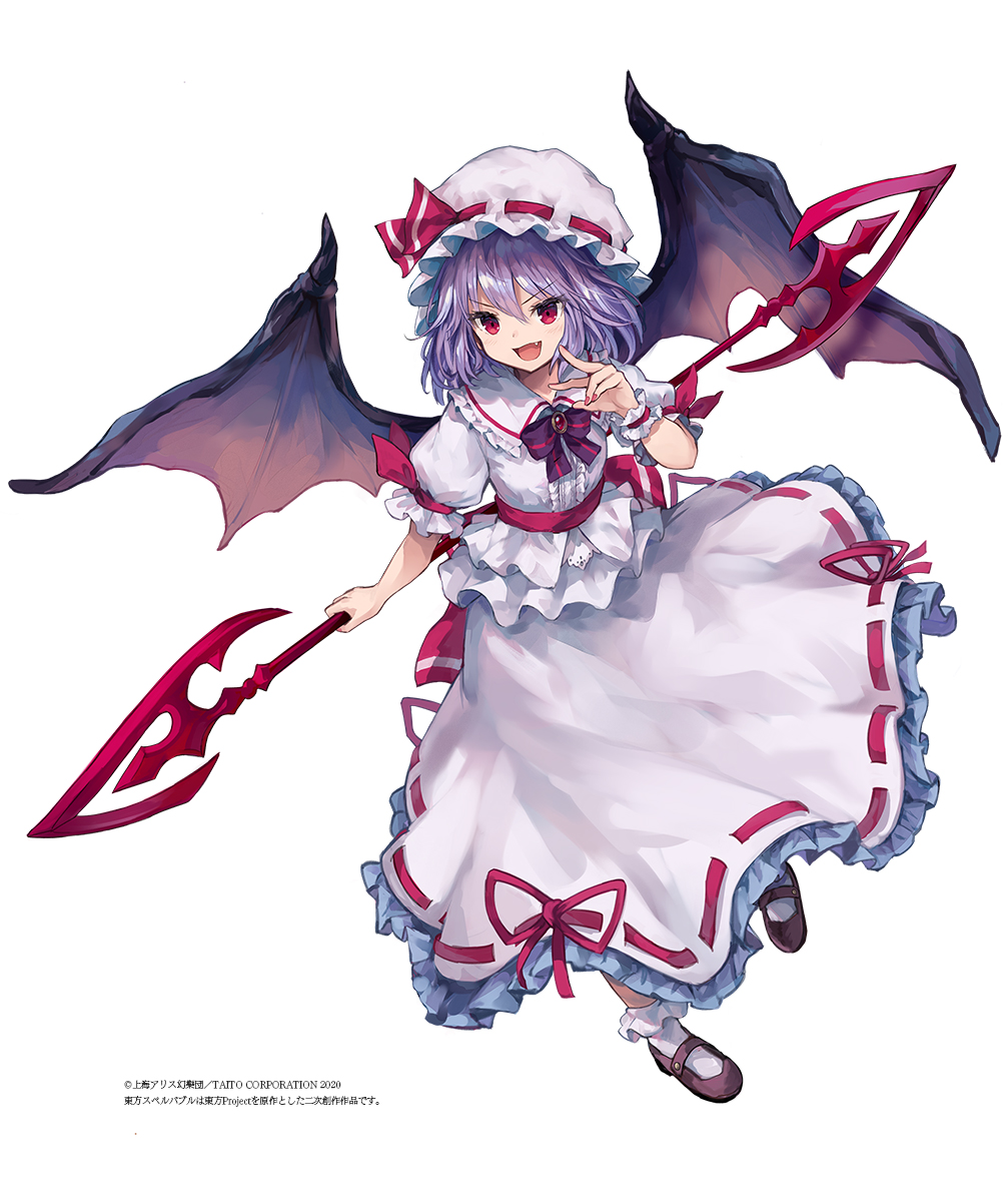 1girl :d bangs bat_wings black_footwear bobby_socks bow bowtie brooch commentary_request dress eyebrows_visible_through_hair fang frilled_shirt_collar frills full_body hair_between_eyes hand_up hat hat_ribbon highres holding holding_spear holding_weapon jewelry lavender_hair looking_at_viewer mary_janes mob_cap nail_polish open_mouth petticoat polearm puffy_short_sleeves puffy_sleeves purple_bow purple_neckwear red_eyes red_nails red_ribbon red_sash remilia_scarlet ribbon roll_okashi sash shoes short_hair short_sleeves simple_background smile socks solo spear spear_the_gungnir touhou translation_request v-shaped_eyebrows weapon white_background white_dress white_headwear white_legwear wings wrist_cuffs