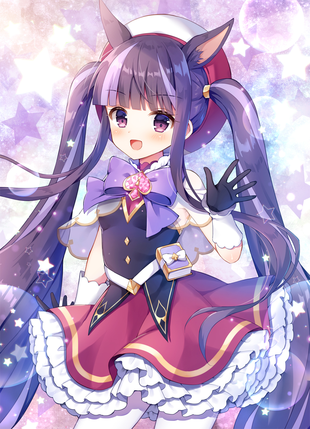 1girl :d animal_ear_fluff animal_ears bangs bare_shoulders black_gloves black_shirt blunt_bangs blush bow commentary_request frilled_skirt frills gloves hat highres keyhole kirihara_kasumi long_hair looking_at_viewer mauve multicolored_hair open_mouth pantyhose princess_connect! princess_connect!_re:dive purple_bow purple_hair red_headwear red_skirt shirt skirt sleeveless sleeveless_shirt smile solo spade_(shape) star starry_background twintails two-tone_hair very_long_hair violet_eyes white_legwear