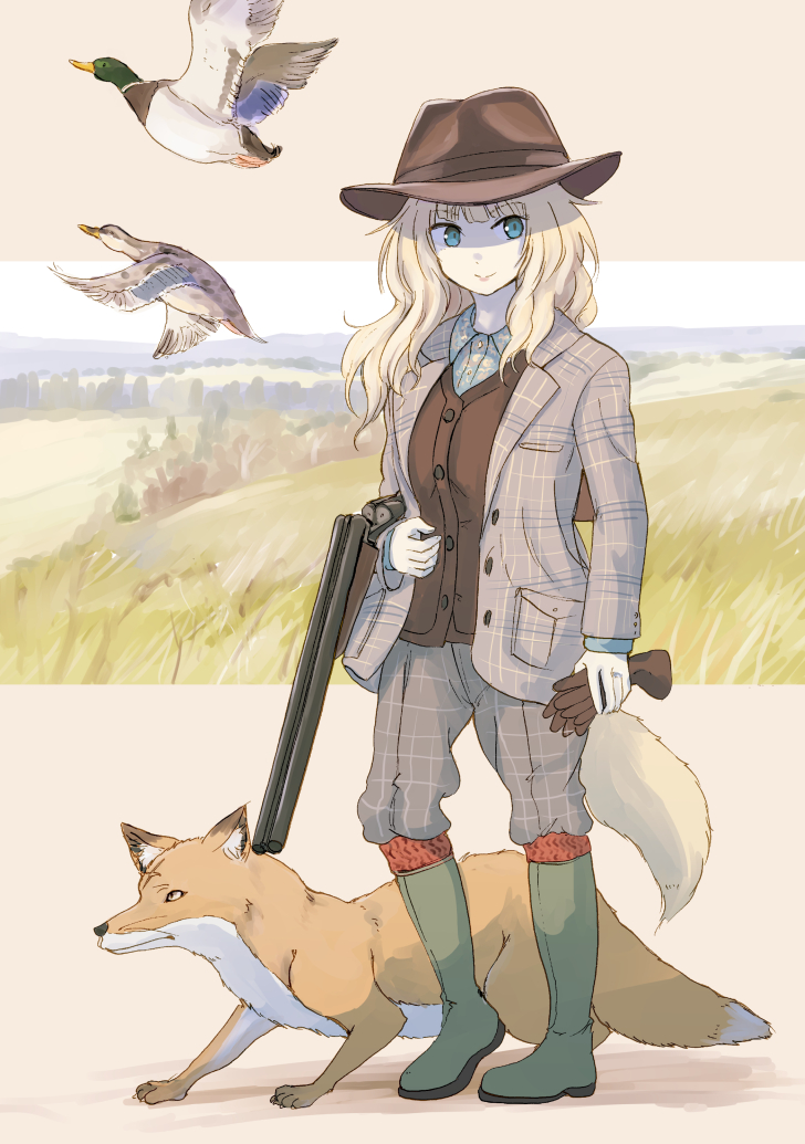 1girl batta_(kanzume_quality) bird blonde_hair blue_eyes boots copyright_request duck fox gloves gloves_removed gun hat holding holding_weapon jacket long_hair long_sleeves outdoors pants_tucked_in shotgun waistcoat weapon