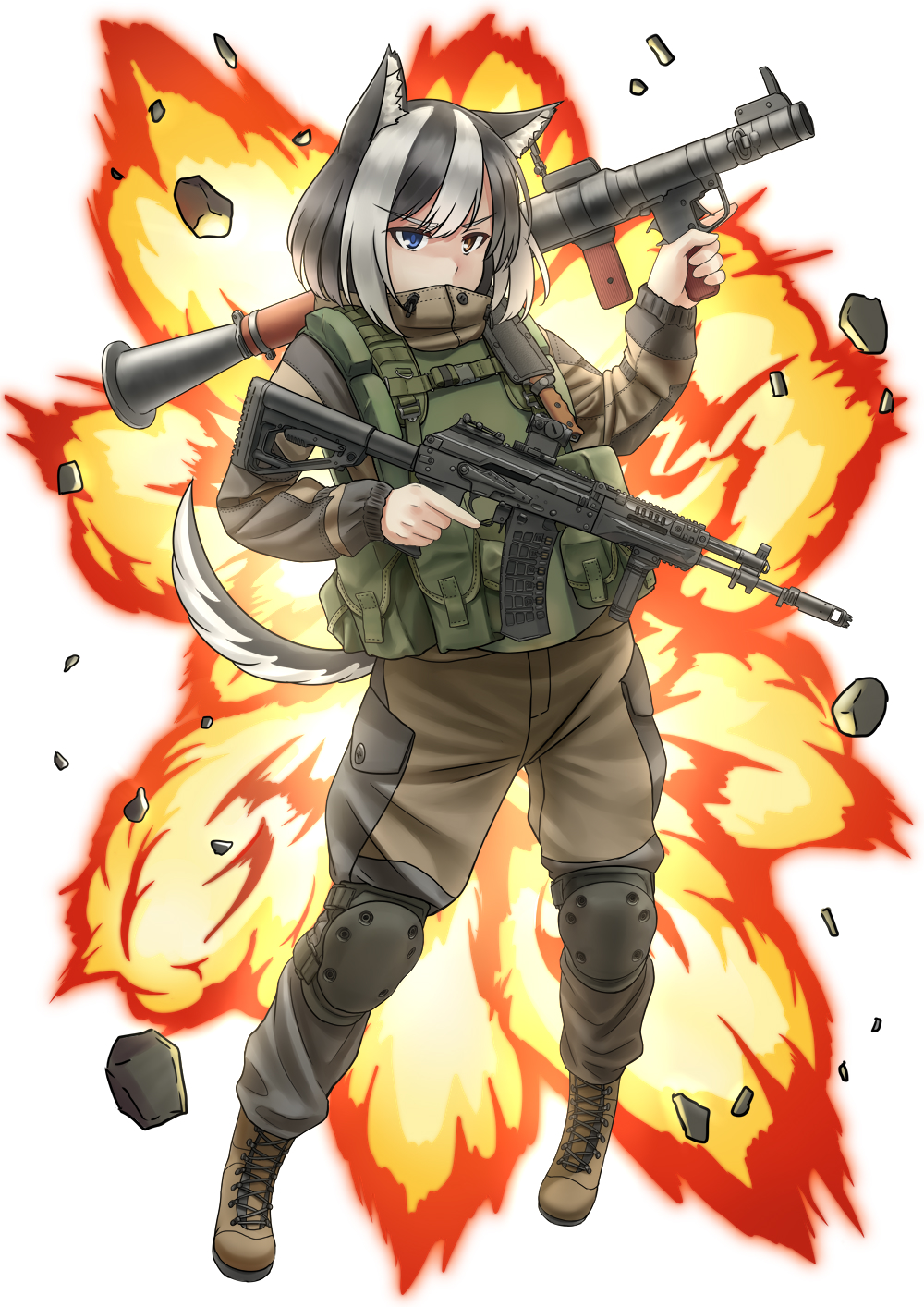 1girl ak-12 animal_ears assault_rifle black_hair blue_eyes chinese_commentary commentary_request copyright_request dog_ears english_commentary explosion foregrip full_body gun heterochromia highres holding holding_gun holding_weapon husky jpc knee_pads load_bearing_vest military multicolored_hair rifle rocket_launcher rpg rpg-7 solo tail trigger_discipline two-tone_hair weapon white_background white_hair