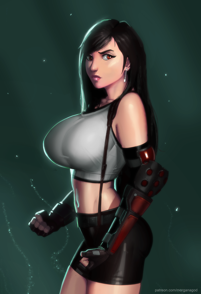 1girl black_gloves black_skirt breasts clenched_hands commentary earrings elbow_gloves elbow_pads english_commentary final_fantasy final_fantasy_vii final_fantasy_vii_remake fingerless_gloves gloves huge_breasts impossible_clothes impossible_shirt jewelry lips long_hair low-tied_long_hair midriff morganagod navel nose pencil_skirt red_eyes red_gloves shirt skirt solo sports_bra suspender_skirt suspenders taut_clothes taut_shirt tifa_lockhart toned vambraces