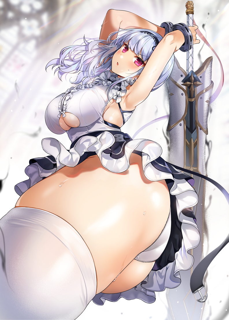 1girl apron arms_up ass azur_lane bangs black_hairband blush breasts center_frills choker cuffs dido_(azur_lane) frilled_choker frills gijang hairband large_breasts long_hair looking_at_viewer open_mouth pink_eyes silver_hair sleeveless solo sword thigh-highs thighs under_boob underboob_cutout waist_apron weapon white_apron white_legwear