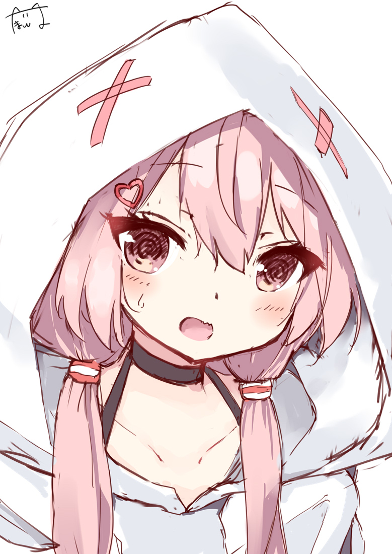 1girl @_@ bangs black_choker blush choker collarbone eyebrows_visible_through_hair hair_between_eyes hair_ornament hamaru_(s5625t) heart heart_hair_ornament hood hood_up hoodie long_hair looking_at_viewer low_twintails open_mouth pink_hair red_eyes signature simple_background solo sweat tomari_mari tomari_mari_channel twintails upper_body virtual_youtuber white_background white_hoodie