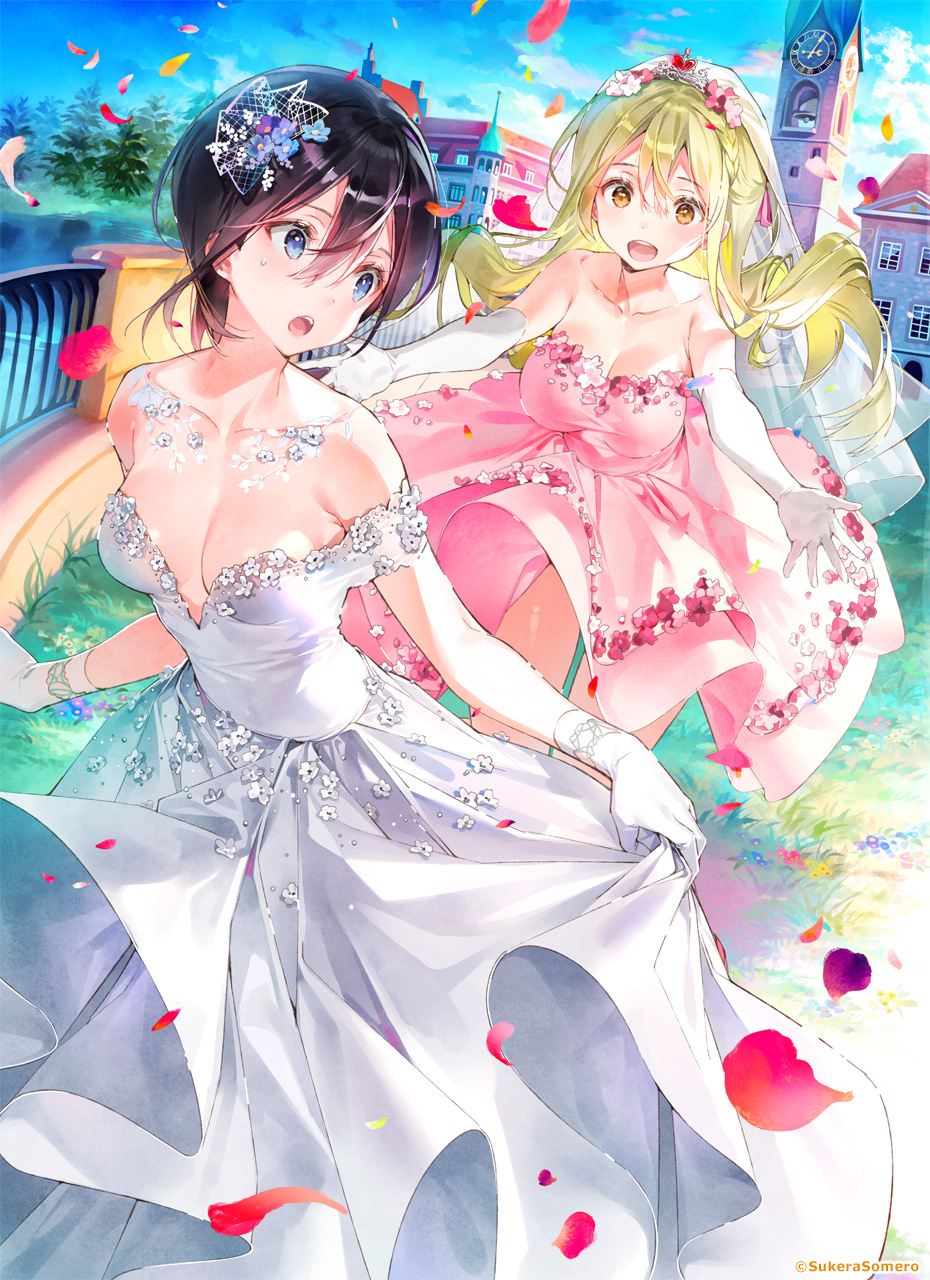 2girls bare_shoulders black_hair blonde_hair blue_eyes bride couple dress dsmile eye_contact gloves highres implied_yuri long_hair looking_at_another multiple_girls original pink_dress short_hair white_dress yuri