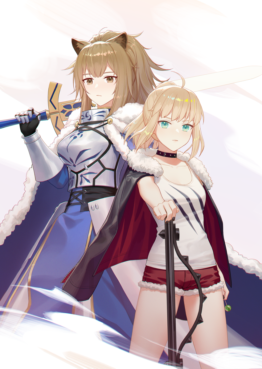 2girls ahoge animal_ears arknights armor armored_dress artoria_pendragon_(all) black_jacket black_nails blonde_hair blue_cape blue_dress breastplate brown_eyes brown_hair candy cape choker closed_mouth collarbone commentary_request cosplay costume_switch crossover dress excalibur fate/grand_order fate/stay_night fate_(series) food fur-trimmed_cape fur-trimmed_jacket fur_trim gauntlets green_eyes hair_between_eyes highres holding holding_candy holding_lollipop holding_sword holding_weapon jacket jacket_on_shoulders kawasumi_ayako knight lion_ears lion_girl lollipop long_hair looking_at_viewer multiple_girls ponytail red_shorts rj_(lingshih10) saber saber_(cosplay) seiyuu_connection shirt short_hair short_shorts shorts siege_(arknights) siege_(arknights)_(cosplay) simple_background sword weapon white_shirt
