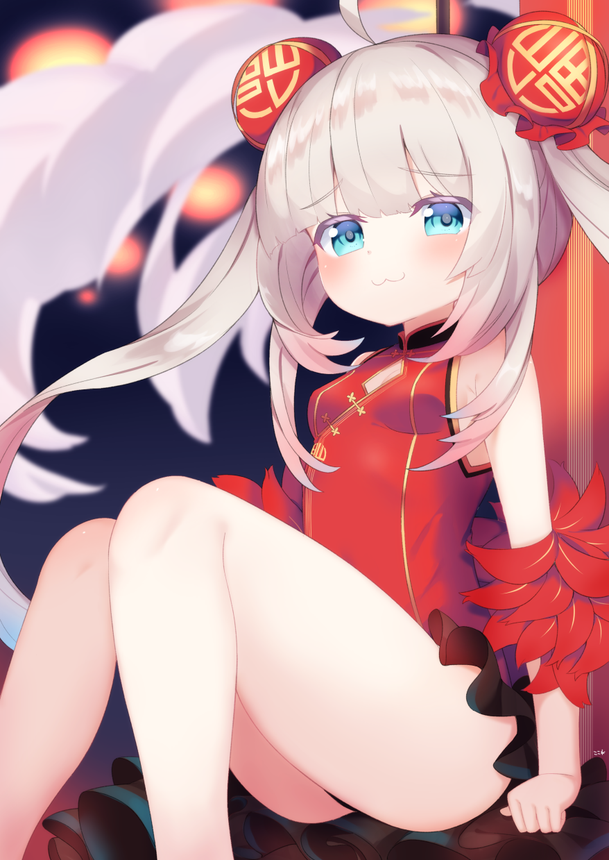 1girl :3 ahoge azur_lane bangs bare_shoulders blue_eyes blurry blurry_background blush breasts bun_cover character_request china_dress chinese_clothes closed_mouth commentary_request depth_of_field double_bun dress eyebrows_visible_through_hair feet_out_of_frame grey_hair highres koko_ne_(user_fpm6842) looking_at_viewer red_dress sidelocks sitting sleeveless sleeveless_dress small_breasts solo twintails