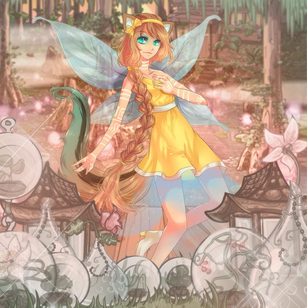1girl animal_ears bangs body_markings braid brown_hair commentary dress eyelashes fairy_wings flat_chest flower forest grass green_eyes hair_ribbon long_hair looking_at_viewer nature neopets outdoors personification plant ribbon short_dress smirk standing tree very_long_hair wings xweetok yakuun yellow_dress yellow_ribbon