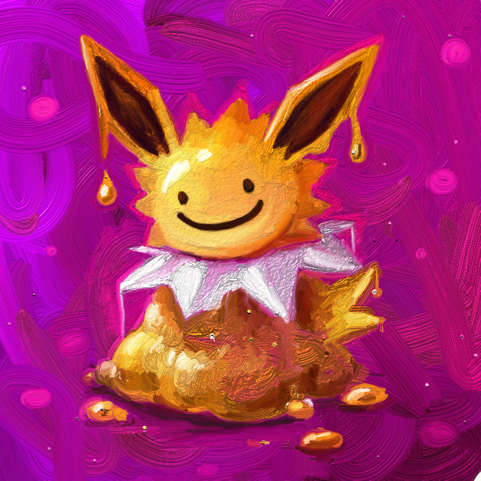 commentary cortoony creature ditto english_commentary gen_1_pokemon jolteon looking_at_viewer melting no_humans pokemon pokemon_(creature) purple_background smile solo transform_(pokemon) transformed_ditto