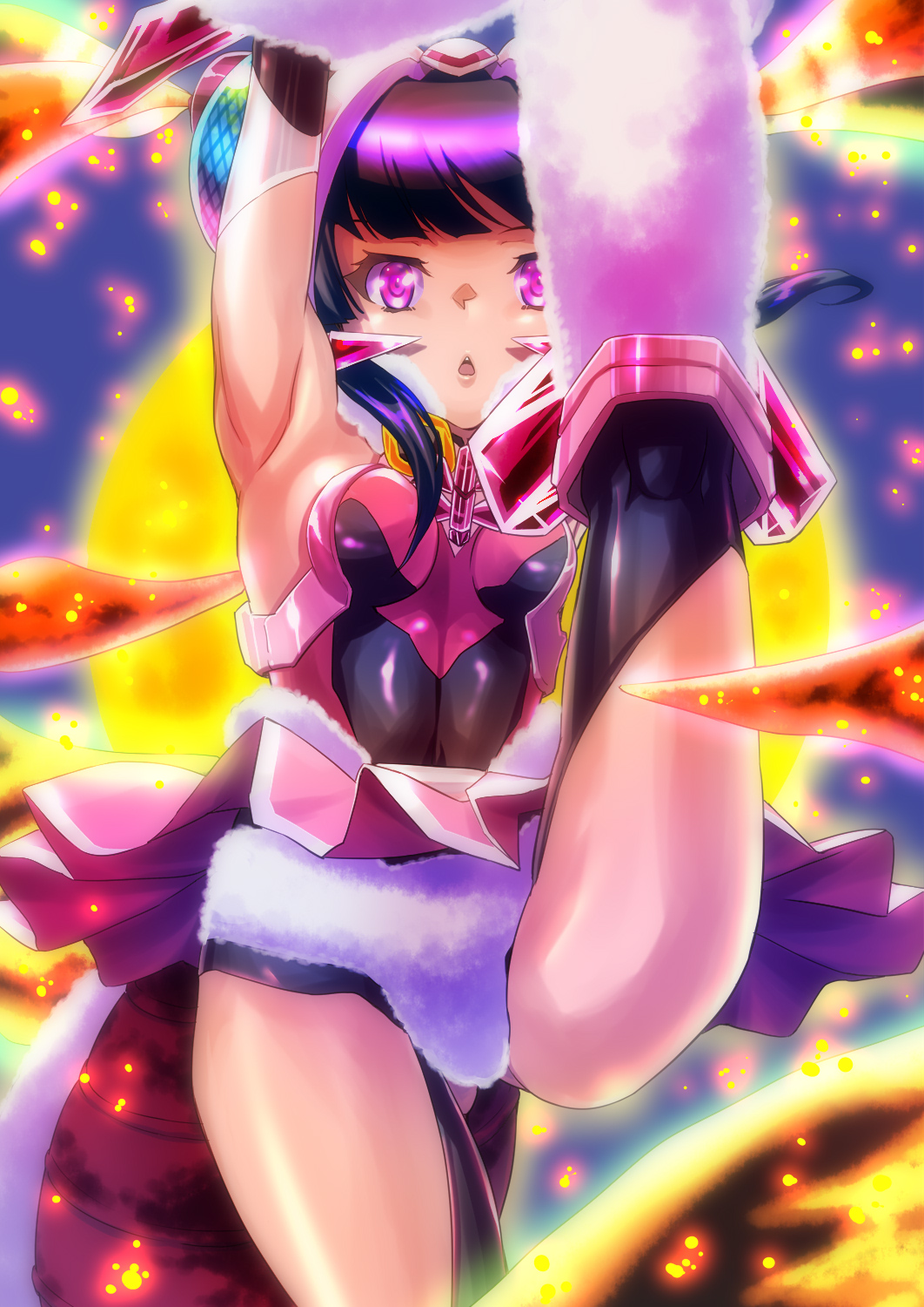 1000 1girl armpits arms_up black_hair black_legwear blush breasts highres leg_up open_mouth senki_zesshou_symphogear shiny shiny_hair shiny_skin small_breasts solo teeth thigh-highs tsukuyomi_shirabe upper_teeth violet_eyes