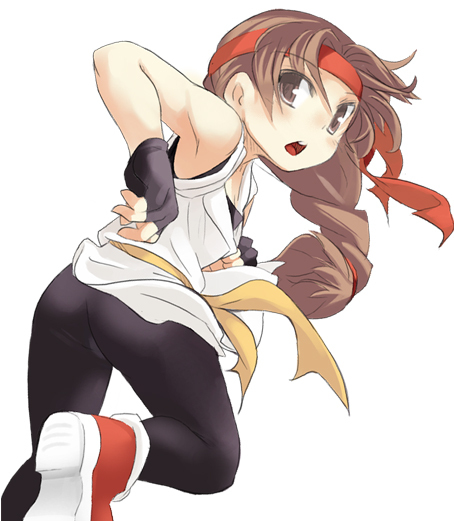 1girl ass blush braid brown_eyes brown_hair commentary_request cyurin dougi fingerless_gloves gloves headband long_hair looking_at_viewer shoes simple_background single_braid sneakers solo spandex the_king_of_fighters very_long_hair white_background yuri_sakazaki