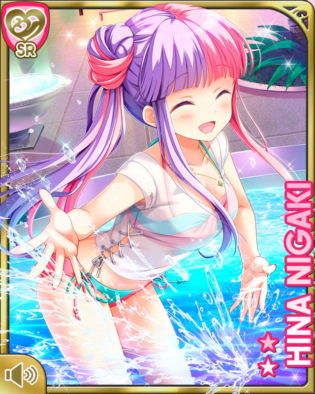 1girl bikini blue_bikini breasts character_name closed_eyes girlfriend_(kari) hair_bun jewelry leaning_forward long_hair multicolored_hair necklace niigaki_hina official_art open_mouth outdoors outstretched_arm outstretched_hand pink_bikini pink_hair pool purple_hair qp:flapper shirt short_sleeves side-tie_bikini side_ponytail small_breasts smile solo splashing swimsuit two-tone_bikini two-tone_hair wading white_shirt