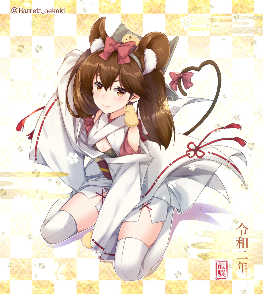1girl alternate_costume animal_ears baretto_(firearms_1) blush bow breasts brown_hair closed_mouth japanese_clothes kantai_collection kimono long_hair obi pink_bow ryuujou_(kantai_collection) sash sitting skirt small_breasts smile solo tail thigh-highs twintails white_legwear white_skirt