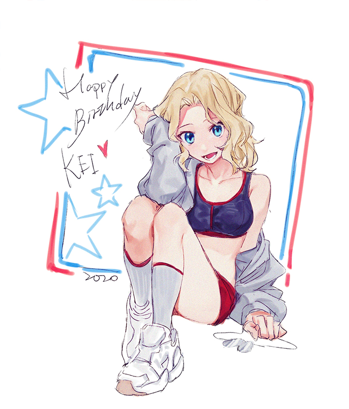 1girl 2020 alternate_costume blonde_hair blue_eyes breasts character_name dated girls_und_panzer happy_birthday heart kay_(girls_und_panzer) kneehighs long_hair looking_at_viewer medium_breasts open_mouth red_shorts shoes shorts smile sneakers solo soramame_(corndog) sports_bra teeth thighs white_background