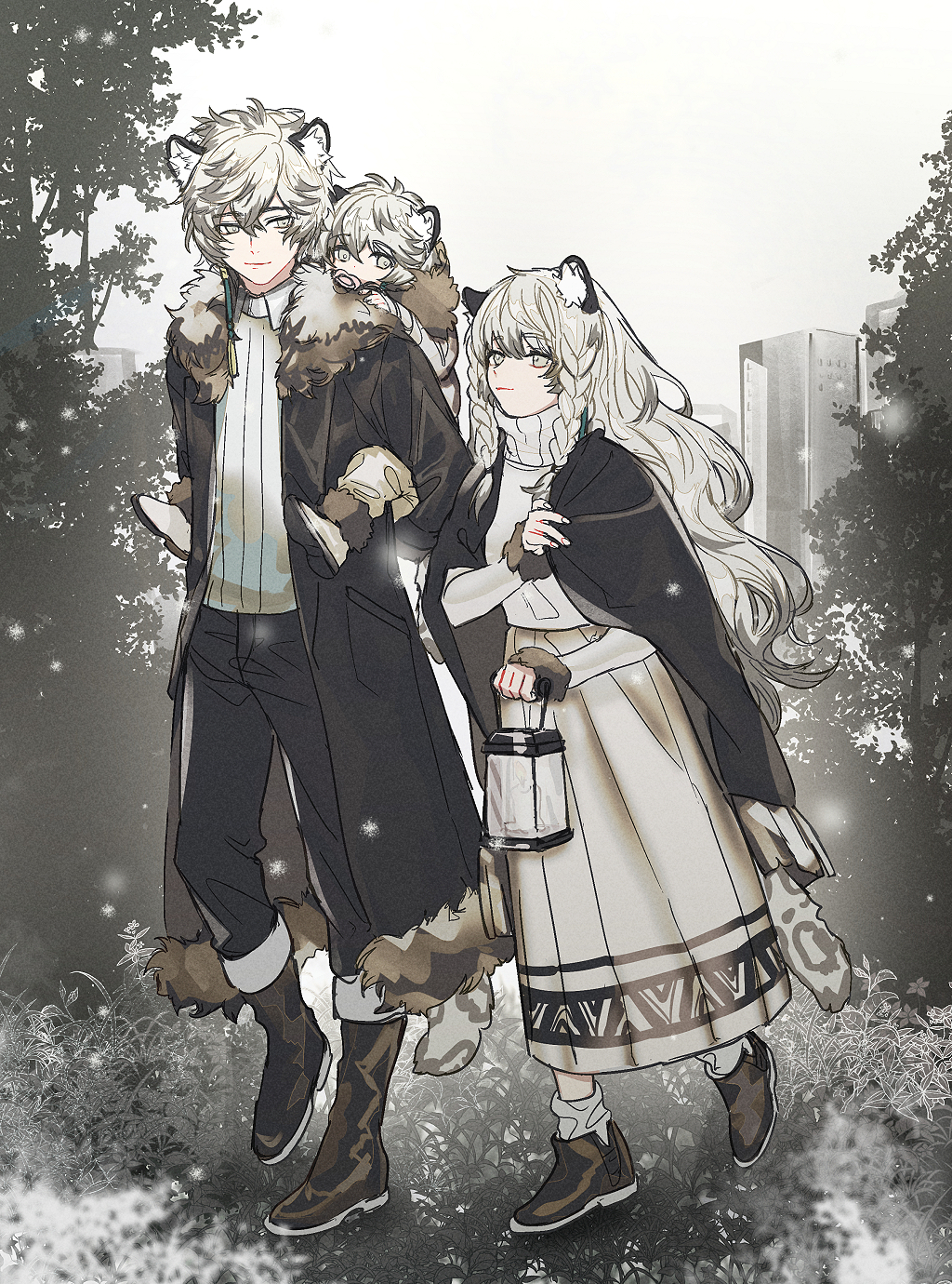 1boy 2girls animal_ear_fluff animal_ears arknights bangs black_cloak black_coat black_gloves black_pants blurry boots braid building carrying child cliffheart_(arknights) cloak collared_shirt daenarys english_text family fireflies full_body fur-trimmed_pants fur-trimmed_sleeves fur_trim gloves grey_eyes hair_between_eyes hair_ornament highres holding_lantern lantern leopard_ears leopard_tail light_particles long_hair long_sleeves looking_at_another looking_to_the_side mouth_hold multicolored_hair outdoors pacifier pants piggyback pleated_skirt pramanix_(arknights) ribbed_sweater shirt shoe_soles shoes side_braids silver_hair silverash_(arknights) skirt smile socks streaked_hair sweater tail tassel torn_coat turtleneck twin_braids very_long_hair walking white_footwear white_hair white_pants white_sweater