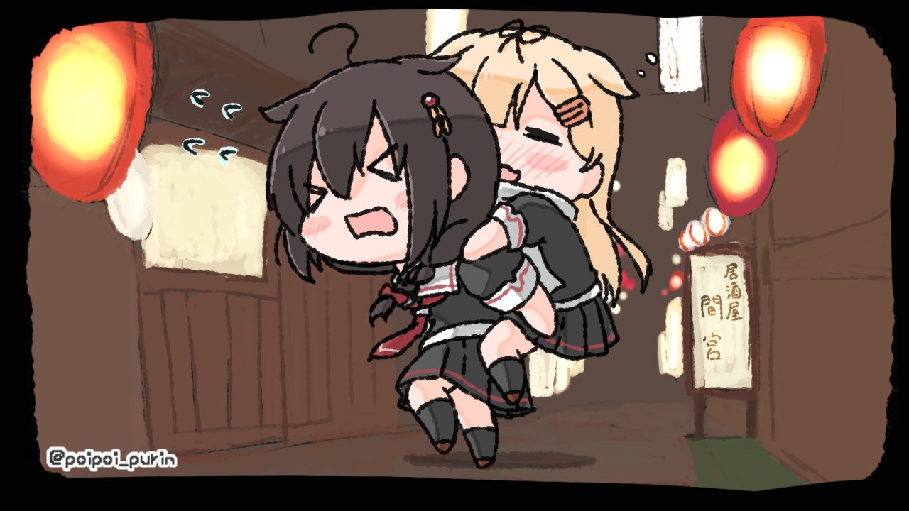 &gt;_&lt; 2girls =_= bangs black_legwear black_skirt blonde_hair blush braid brown_hair carrying chibi drunk flying_sweatdrops hair_between_eyes hair_flaps hair_ornament hair_ribbon hairclip kantai_collection lantern long_hair multiple_girls nose_blush open_mouth piggyback pleated_skirt red_neckwear remodel_(kantai_collection) ribbon sailor_collar sattsu scarf school_uniform serafuku shigure_(kantai_collection) single_braid skirt twitter_username white_scarf yuudachi_(kantai_collection)