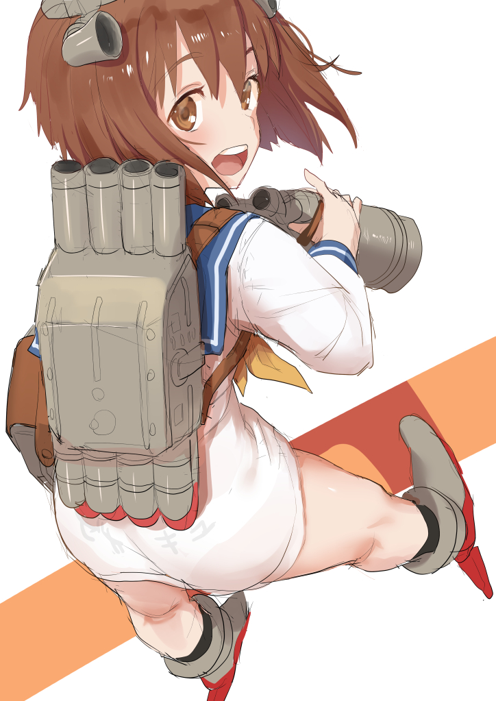 1girl azuse_neko bangs binoculars blush brown_eyes brown_hair clothes_writing dress eyebrows_visible_through_hair from_above headgear holding holding_binoculars kantai_collection long_sleeves open_mouth panties rigging sailor_collar sailor_dress see-through short_hair simple_background solo underwear upper_teeth white_background white_panties yellow_neckwear yukikaze_(kantai_collection)