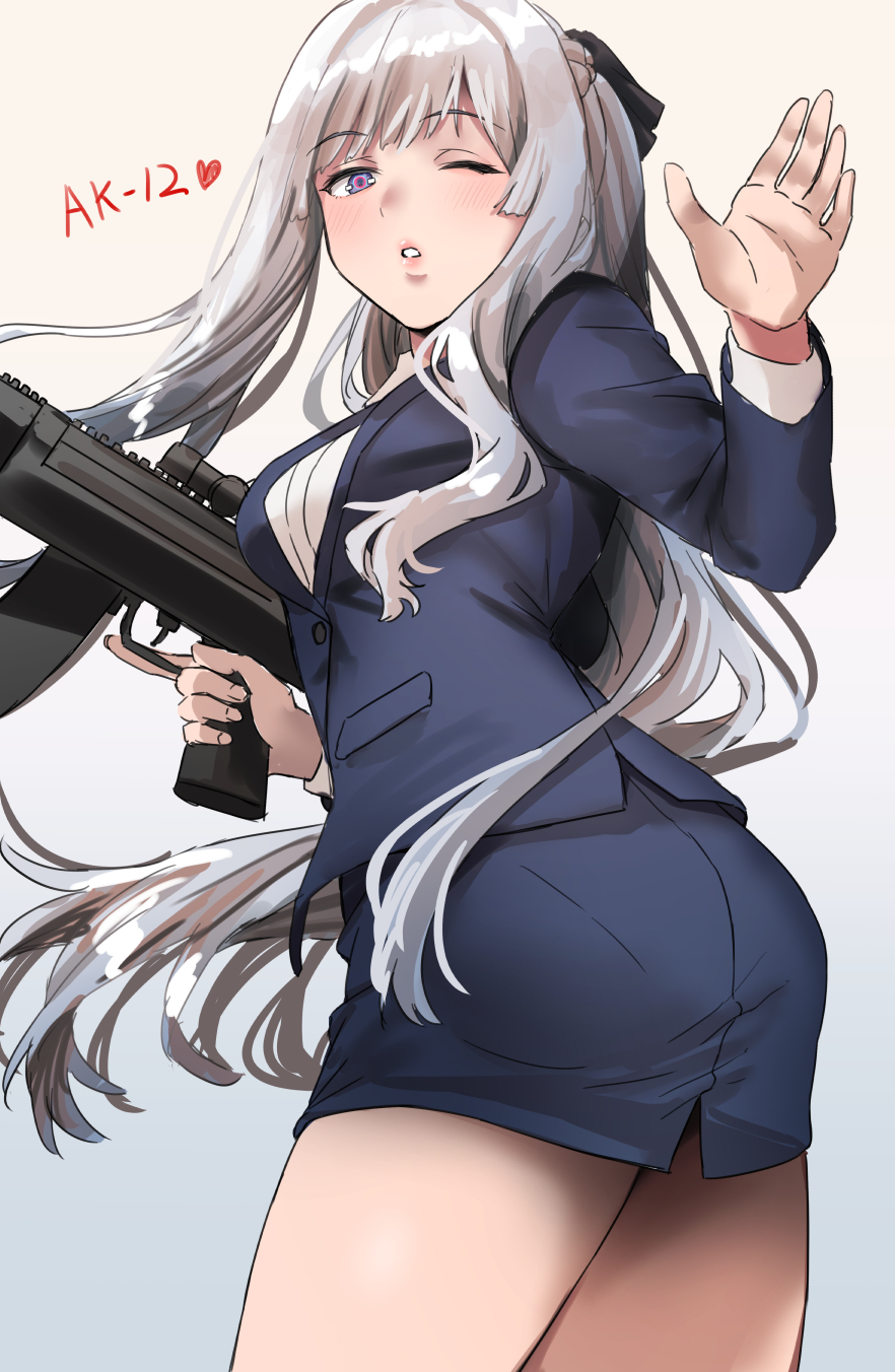 028ilc 1girl ak-12_(girls_frontline) assault_rifle bangs black_ribbon blazer blue_jacket blush braid breasts commentary_request dress_shirt eyebrows_visible_through_hair formal_clothes french_braid from_below girls_frontline gun highres holding holding_gun holding_weapon jacket large_breasts long_hair looking_at_viewer office_lady one_eye_closed open_mouth pencil_skirt ribbon rifle shirt sidelocks silver_hair skirt thighs weapon white_shirt