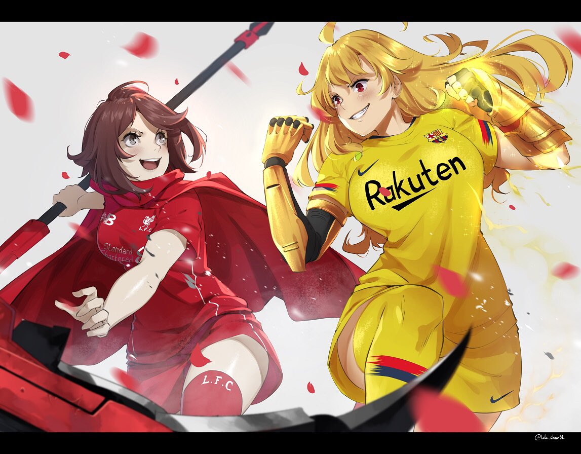 2girls blonde_hair crescent_rose ember_celica_(rwby) gauntlets grey_eyes lulu-chan92 mechanical_arm multiple_girls prosthesis prosthetic_arm red_eyes redhead ruby_rose rwby scythe shorts siblings sisters soccer_uniform sportswear thigh-highs yang_xiao_long