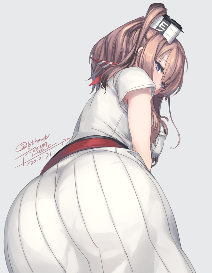 1girl anchor ass belt breasts brown_hair dress grey_eyes hair_between_eyes hair_ornament kantai_collection large_breasts looking_back neckerchief ponytail red_neckwear rokuwata_tomoe saratoga_(kantai_collection) side_ponytail sidelocks smokestack white_dress