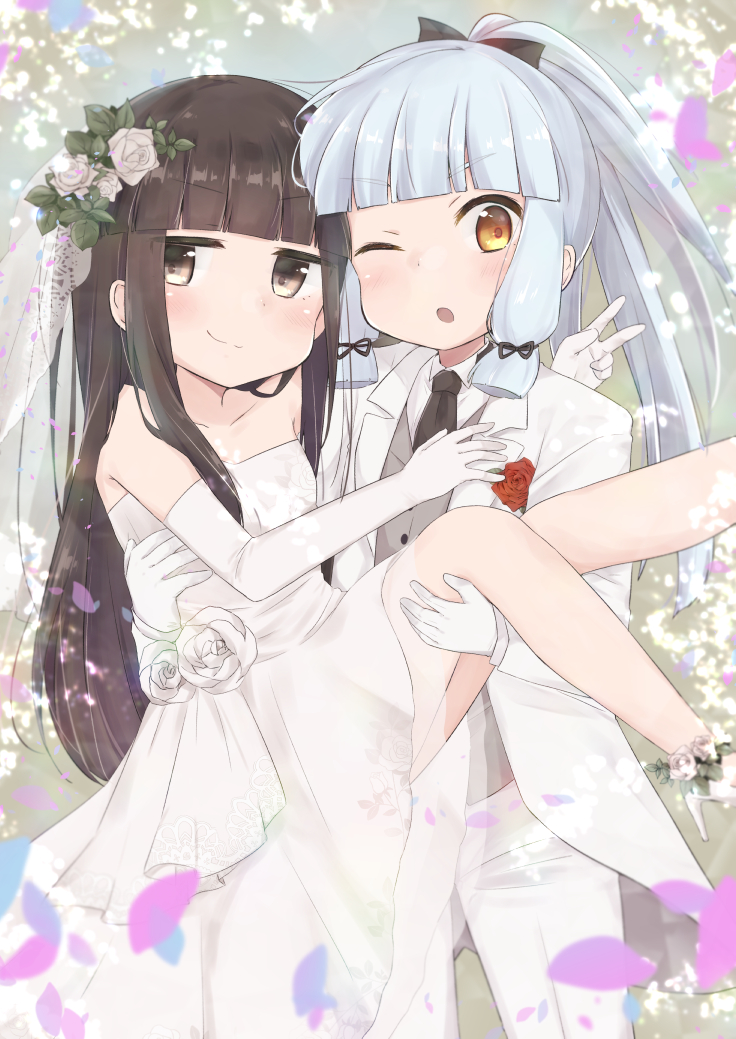 2girls alternate_costume aoshima_sakana black_hair black_neckwear blush brown_eyes carrying dress elbow_gloves eyebrows_visible_through_hair flower gloves hair_flower hair_ornament hatsuyuki_(kantai_collection) hime_cut kantai_collection long_hair long_sleeves multiple_girls murakumo_(kantai_collection) necktie one_eye_closed open_mouth orange_eyes princess_carry red_flower red_rose rose silver_hair smile v wedding_dress white_dress white_flower white_gloves white_rose