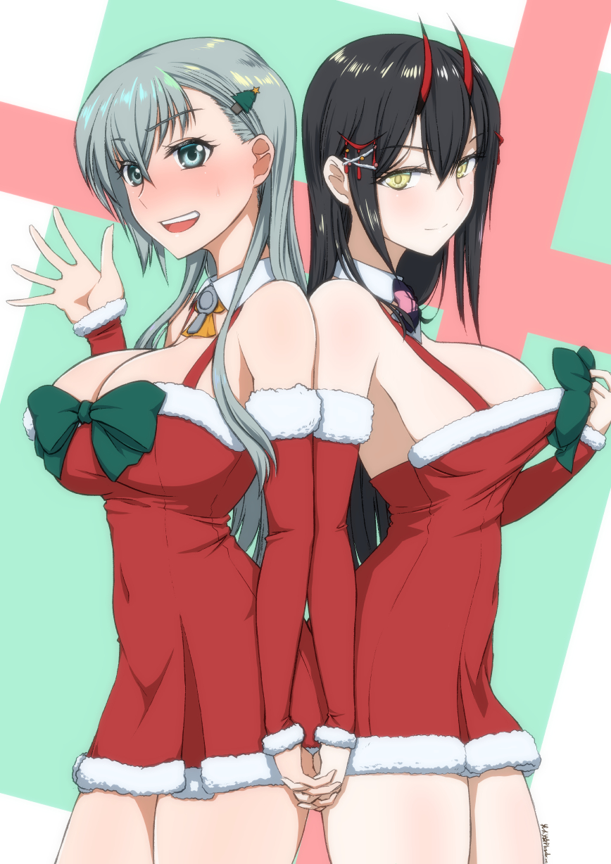 2girls aqua_eyes aqua_hair azur_lane back-to-back bare_shoulders black_hair blush breasts cowboy_shot crossover detached_collar detached_sleeves dress hair_between_eyes hair_ornament hairclip hand_up highres holding_hands horns kantai_collection koutarou_(plusdrive) large_breasts long_hair looking_at_viewer multiple_girls namesake oni_horns open_mouth red_dress santa_costume smile suzuya_(azur_lane) suzuya_(kantai_collection) thighs yellow_eyes