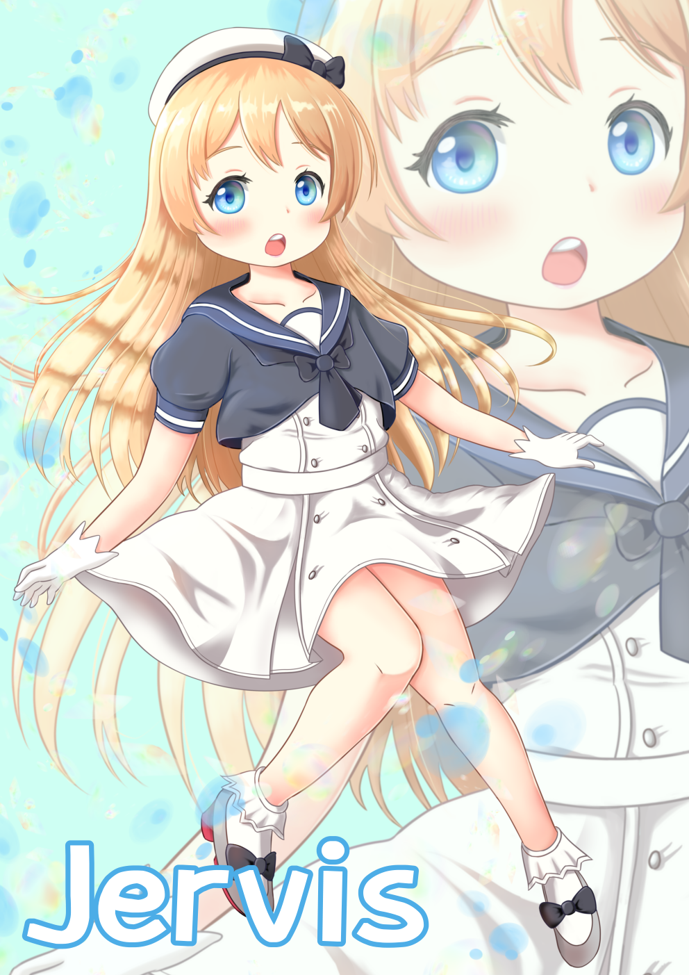 1girl blonde_hair blue_background blue_eyes blue_sailor_collar character_name dress full_body gloves hat highres itachikko jervis_(kantai_collection) kantai_collection long_hair looking_at_viewer open_mouth sailor_collar sailor_dress sailor_hat short_sleeves solo upper_teeth white_dress white_gloves white_headwear zoom_layer