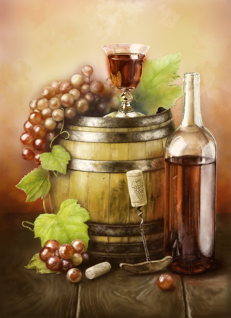 alcohol barrel bottle commentary_request cork corkscrew cup drink drinking_glass floor food fruit glass_bottle grapes leaf mawaritaira original realistic still_life wine wine_bottle wine_glass wooden_floor