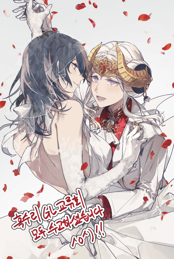 arm_around_waist bridal_veil byleth_(fire_emblem) byleth_eisner_(female) cravat double_bun dress edelgard_von_hresvelg elbow_gloves eye_contact fire_emblem fire_emblem:_three_houses formal gloves hatyo017 holding_hands horned_headwear looking_at_another open_mouth petals rose_petals silver_hair simple_background smile suit tiara veil violet_eyes wedding_dress white_dress white_gloves white_suit wife_and_wife yuri