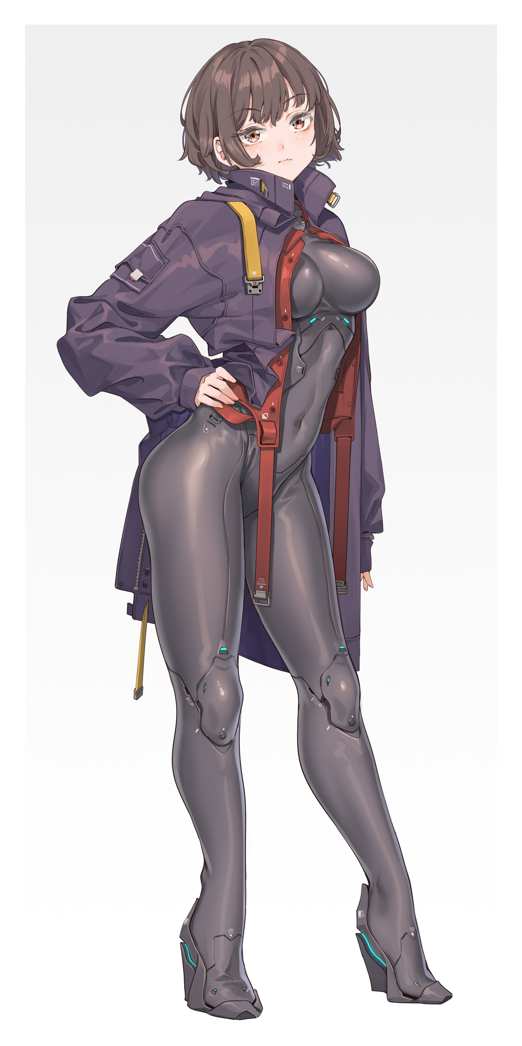 1girl black_bodysuit bodysuit brown_hair covered_navel expressionless fangxiang_cuoluan full_body gradient gradient_background hand_on_hip highres jacket legs long_sleeves looking_at_viewer orange_eyes original science_fiction short_hair solo standing