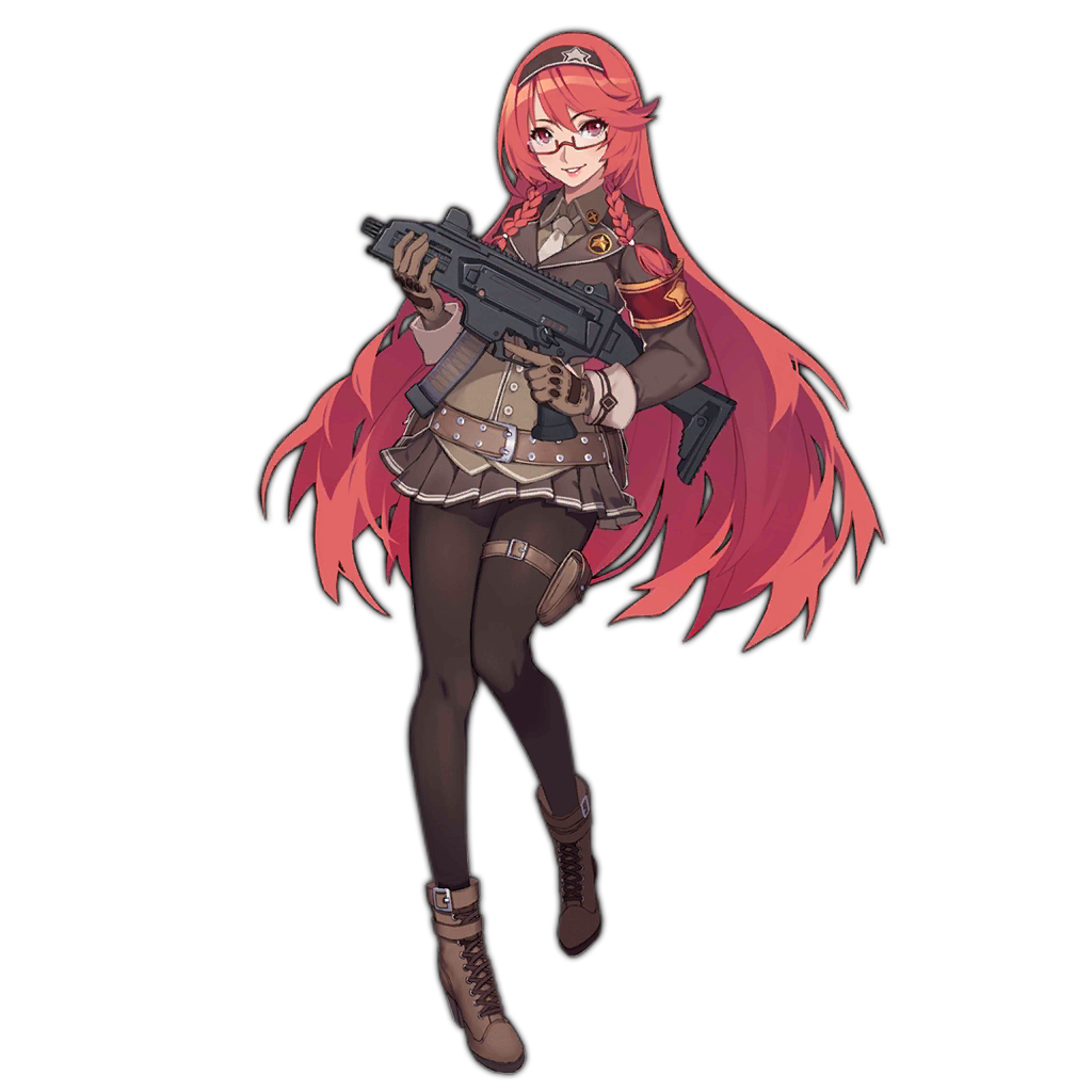 1girl ankle_boots bangs black_legwear boots braid brown_eyes brown_footwear brown_gloves brown_skirt cross-laced_footwear cz_scorpion_evo_3 evo_3_(girls_frontline) eyebrows_visible_through_hair full_body girls_frontline glasses gloves gun hairband holding holding_gun holding_weapon holster kugi_ta_hori_taira lace-up_boots long_hair long_sleeves looking_at_viewer military military_uniform miniskirt official_art pantyhose parted_lips pleated_skirt redhead semi-rimless_eyewear shadow skirt smile solo submachine_gun thigh_holster thigh_strap transparent_background trigger_discipline under-rim_eyewear uniform very_long_hair watermark weapon