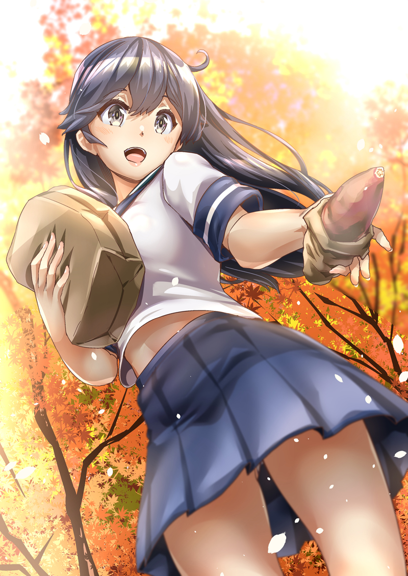 1girl ahoge autumn_leaves bag black_hair blue_sailor_collar blue_skirt brown_eyes commentary_request cowboy_shot food from_below fukami_naoyuki kantai_collection long_hair paper_bag pleated_skirt sailor_collar school_uniform serafuku skirt smile solo standing sweet_potato tree ushio_(kantai_collection)