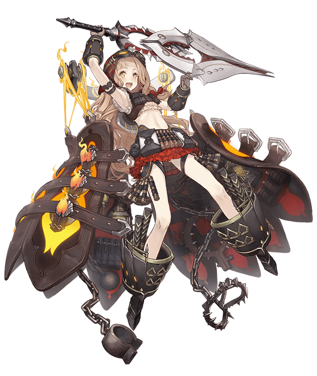 1girl :d belt_buckle belt_pouch blonde_hair buckle chain collar cuffs explosive foothold_trap frills full_body goggles goggles_on_head grenade hood hood_up ji_no little_red_riding_hood_(sinoalice) long_hair looking_at_viewer midriff official_art open_mouth orange_hair pouch shackles sinoalice smile solo spiked_collar spikes transparent_background upper_teeth