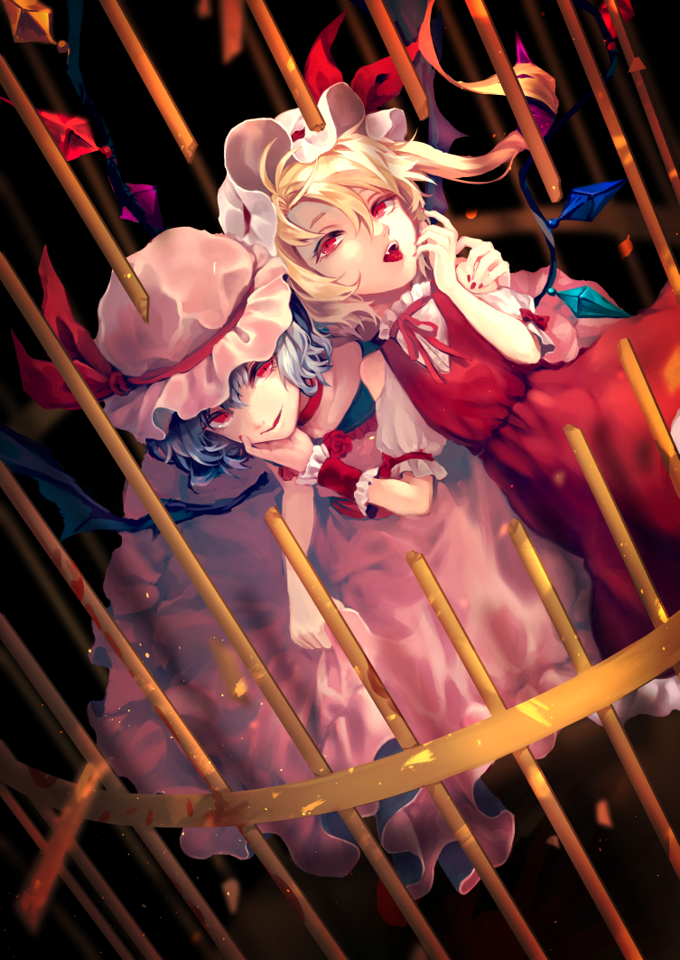 2girls adapted_costume bangs bat_wings birdcage black_background blonde_hair blood blue_hair blurry blurry_background blurry_foreground broken cage choker collar collarbone commentary_request crystal dress fang fingernails flandre_scarlet floating_hair flower flower_neckwear flower_ornament frilled_collar frilled_cuffs frilled_dress frilled_shirt_collar frilled_sleeves frills gensou_aporo hair_between_eyes hair_intakes half-closed_eyes hand_on_another's_chin hand_on_another's_head hand_on_another's_shoulder hand_to_own_mouth hands_up hat hat_ribbon head_to_head leaning_forward leaning_on_person leaning_to_the_side light_particles lips long_fingernails looking_at_viewer mob_cap multiple_girls nail_polish neck_ribbon one_side_up open_mouth out_of_frame parted_bangs parted_lips pink_dress pink_headwear popped_collar puffy_short_sleeves puffy_sleeves red_choker red_dress red_eyes red_flower red_nails red_neckwear red_ribbon red_rose remilia_scarlet ribbon rose scoop_neck shirt short_hair short_hair_with_long_locks short_sleeves shoulder_cutout siblings sidelocks sisters skirt_hold teeth tongue tongue_out touhou white_headwear white_shirt wings wrist_cuffs