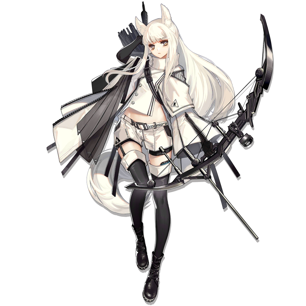 1girl animal_ear_fluff animal_ears arknights asymmetrical_shirt asymmetrical_sleeves bangs belt black_footwear black_gloves black_legwear boots bow_(weapon) breasts brown_eyes cloak compound_bow elbow_gloves expressionless eyebrows_visible_through_hair full_body gloves high_collar holding holding_bow_(weapon) holding_weapon horse_ears horse_girl horse_tail jacket long_hair long_sleeves looking_at_viewer official_art platinum_(arknights) shirt short_shorts shorts skade small_breasts solo standing tachi-e tail thigh-highs transparent_background very_long_hair weapon white_cloak white_hair white_shirt white_shorts wide_sleeves zipper