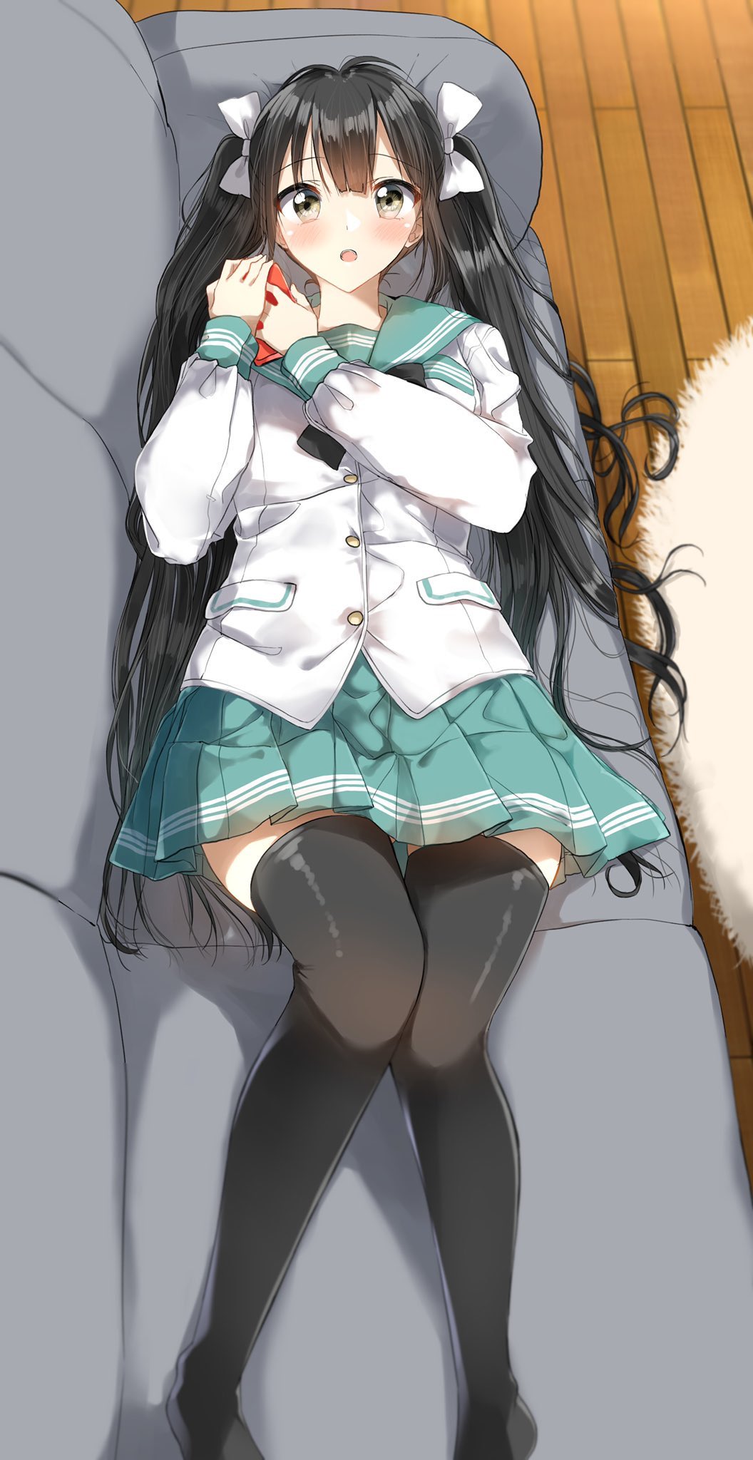 1girl aqua_sailor_collar aqua_skirt black_hair black_legwear blush bow brown_eyes couch feet_out_of_frame hair_bow hands_up highres holding indoors long_hair long_sleeves looking_at_viewer lying no_shoes on_back on_couch original pentagon_(railgun_ky1206) pleated_skirt school_uniform serafuku shirt skirt solo thigh-highs twintails twintails_day very_long_hair white_bow white_shirt wooden_floor