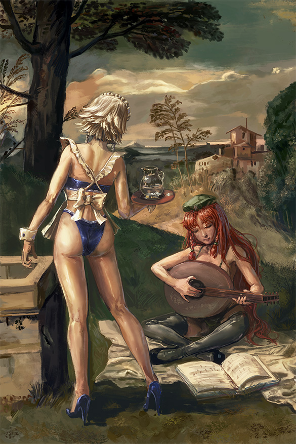 2girls amibazh apron ass back back_bow bare_arms bare_legs bare_shoulders beret book bow bra braid closed_eyes clouds cloudy_sky day drink facing_another fine_art_parody frills grass grey_hair hat high_heels highleg highleg_panties holding holding_tray hong_meiling horizon instrument izayoi_sakuya long_hair maid maid_apron maid_headdress multiple_girls music outdoors panties parody parody_request playing_instrument redhead shoes short_hair sitting sky standing star touhou tray tree twin_braids underwear very_long_hair wrist_cuffs