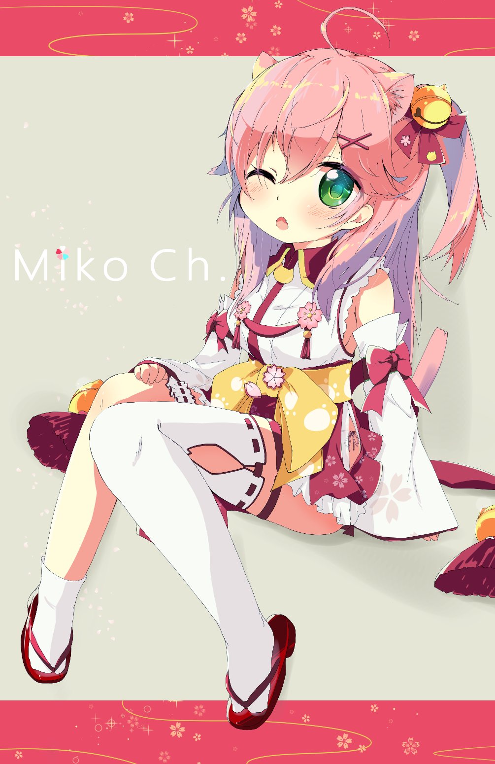 1girl ahoge animal_ears bell breasts cat_ears cherry_blossom_print detached_sleeves floral_print full_body green_eyes hair_bell hair_ornament hairclip highres hololive leg_garter long_hair one_eye_closed one_side_up paw_print_pattern pink_hair sakura_miko sandals single_sock single_thighhigh sitting socks solo thigh-highs torinannkotsukushi virtual_youtuber white_legwear youtube_username