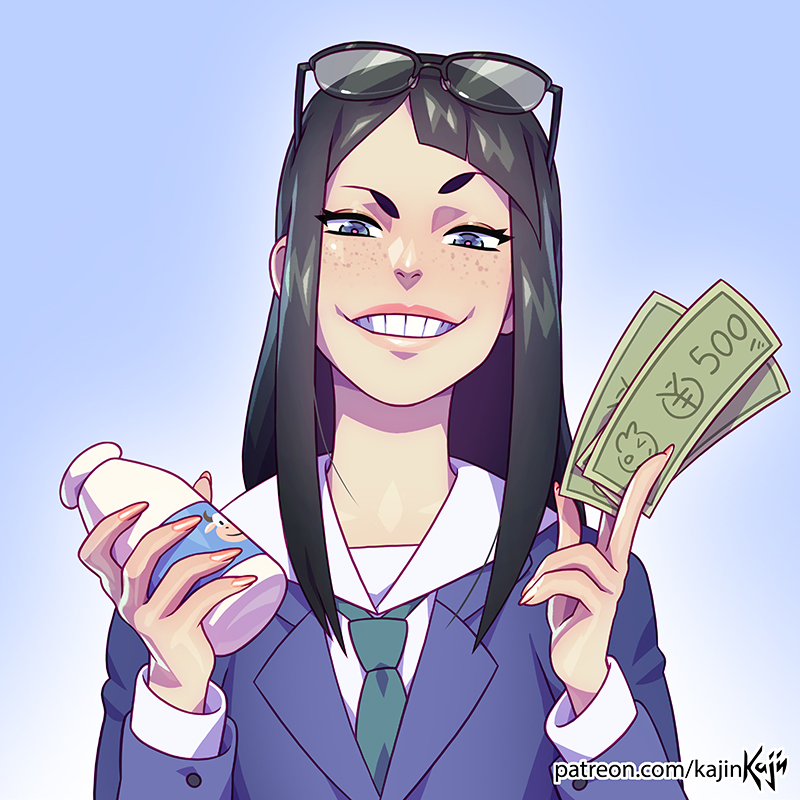 1girl asymmetrical_bangs bangs black_hair blazer blue_eyes blue_jacket bottle eizouken_ni_wa_te_wo_dasu_na! eyewear_on_head freckles green_neckwear grin holding holding_bottle holding_money jacket kajin_(kajinman) kanamori_sayaka long_hair looking_at_viewer money necktie pink_nails school_uniform smile solo upper_body upper_teeth