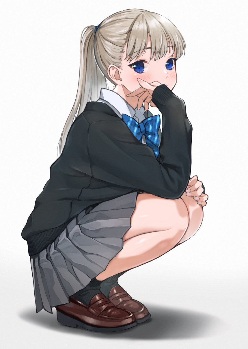 1girl bangs black_legwear black_sweater blue_bow blue_eyes blue_neckwear blush bow bowtie brown_footwear closed_mouth collared_shirt commentary_request doushimasho eyebrows_visible_through_hair full_body grey_skirt hand_on_own_face hand_on_own_knee highres loafers long_hair long_sleeves looking_at_viewer miniskirt original plaid plaid_bow plaid_neckwear pleated_skirt ponytail school_uniform shirt shoes silver_hair simple_background skirt socks solo squatting sweater white_background