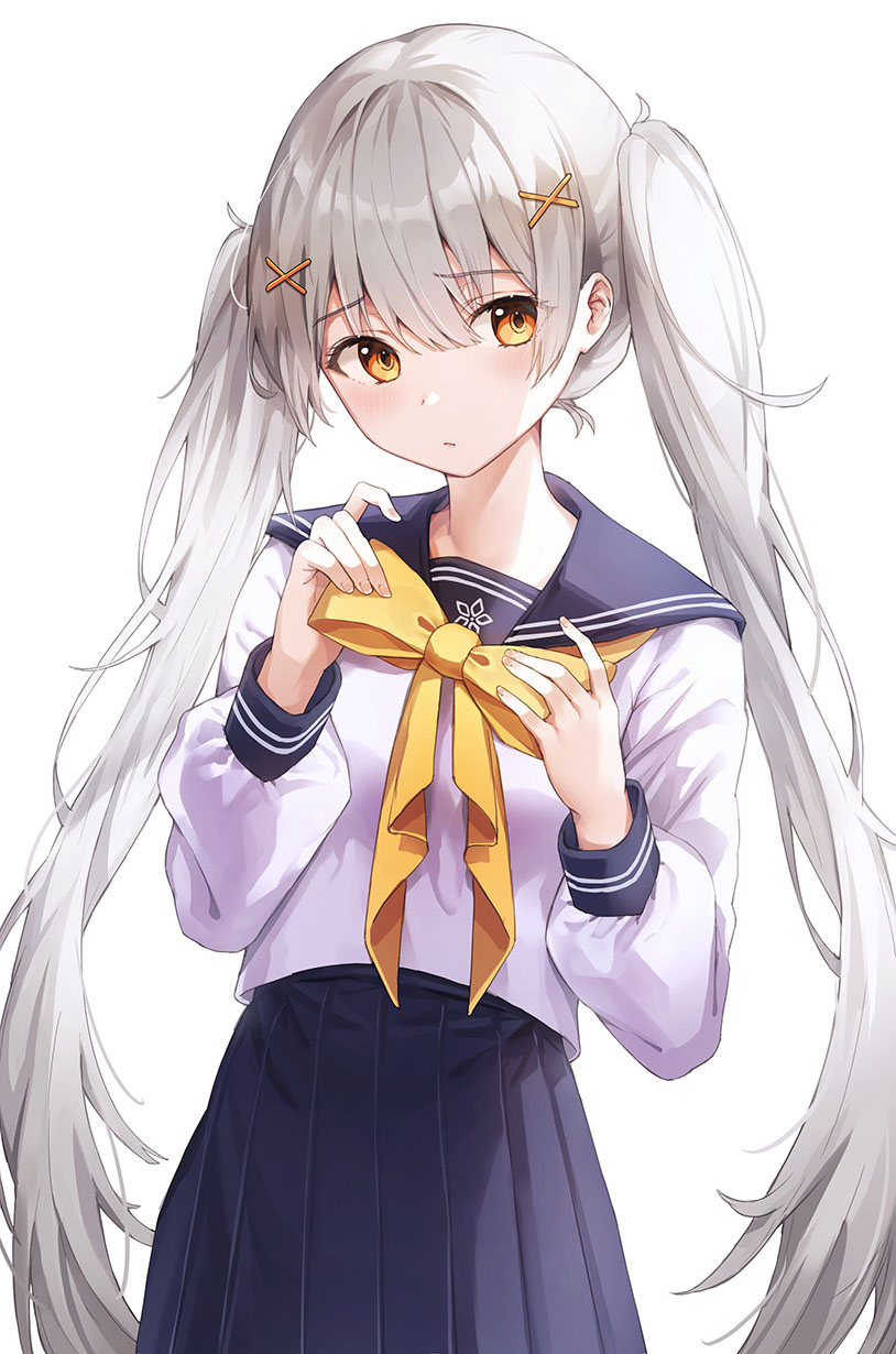 1girl bangs black_skirt blush bow commentary_request frown grey_hair hair_ornament highres long_hair looking_at_viewer orange_bow orange_eyes original pleated_skirt ran9u school_uniform serafuku shirt simple_background skirt twintails white_background white_shirt x_hair_ornament