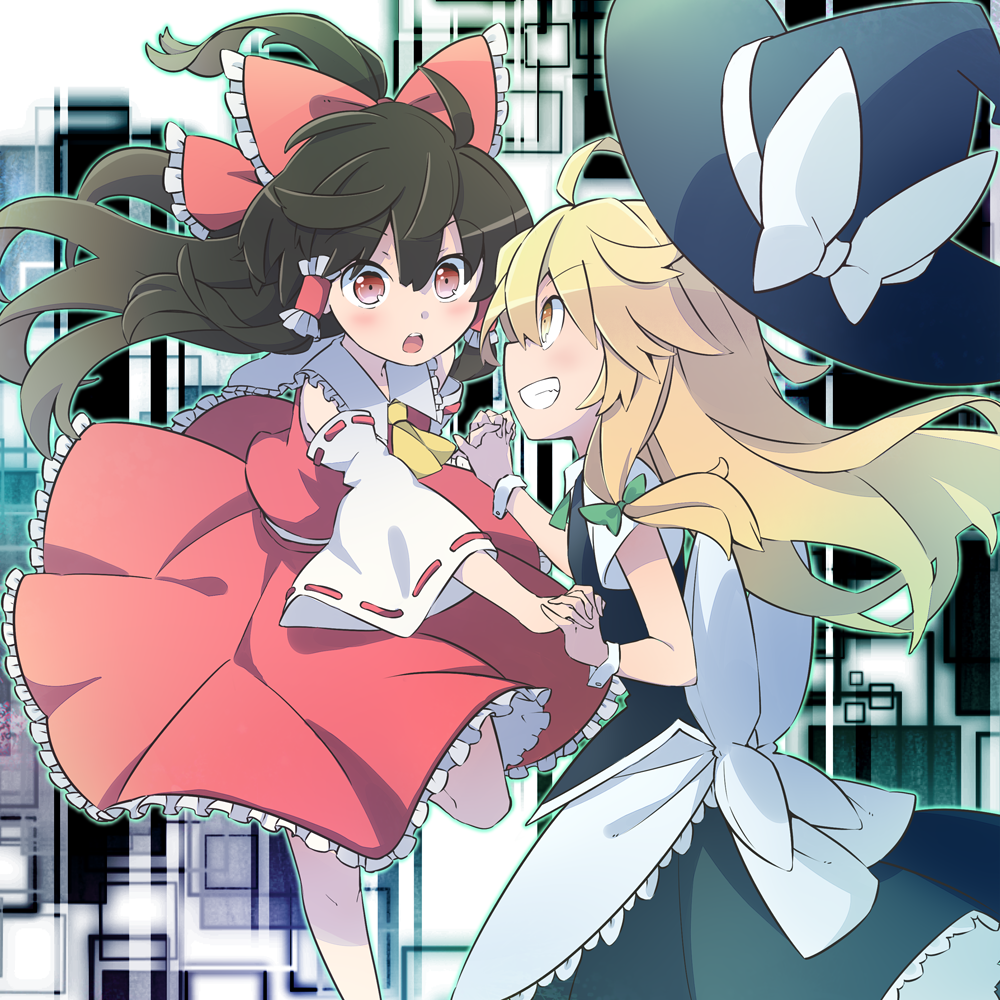 2girls :o abstract_background ahoge apron black_hair black_skirt black_vest blonde_hair bow commentary_request cowboy_shot cravat detached_sleeves eye_contact eyebrows_visible_through_hair folded_leg foot_out_of_frame frilled_skirt frills gradient gradient_background grin hair_between_eyes hair_bow hair_ribbon hair_tubes hakurei_reimu hat hat_loss hat_removed hat_ribbon headwear_removed holding_hands interlocked_fingers kirisame_marisa long_hair looking_at_another multiple_girls petticoat red_eyes red_skirt red_vest ribbon ribbon-trimmed_sleeves ribbon_trim shirt short_sleeves sidelocks sideways_mouth skirt skirt_set smile standing standing_on_one_leg touhou tress_ribbon upper_teeth very_long_hair vest waist_apron white_shirt witch_hat wrist_cuffs yellow_eyes yellow_neckwear yutamaro