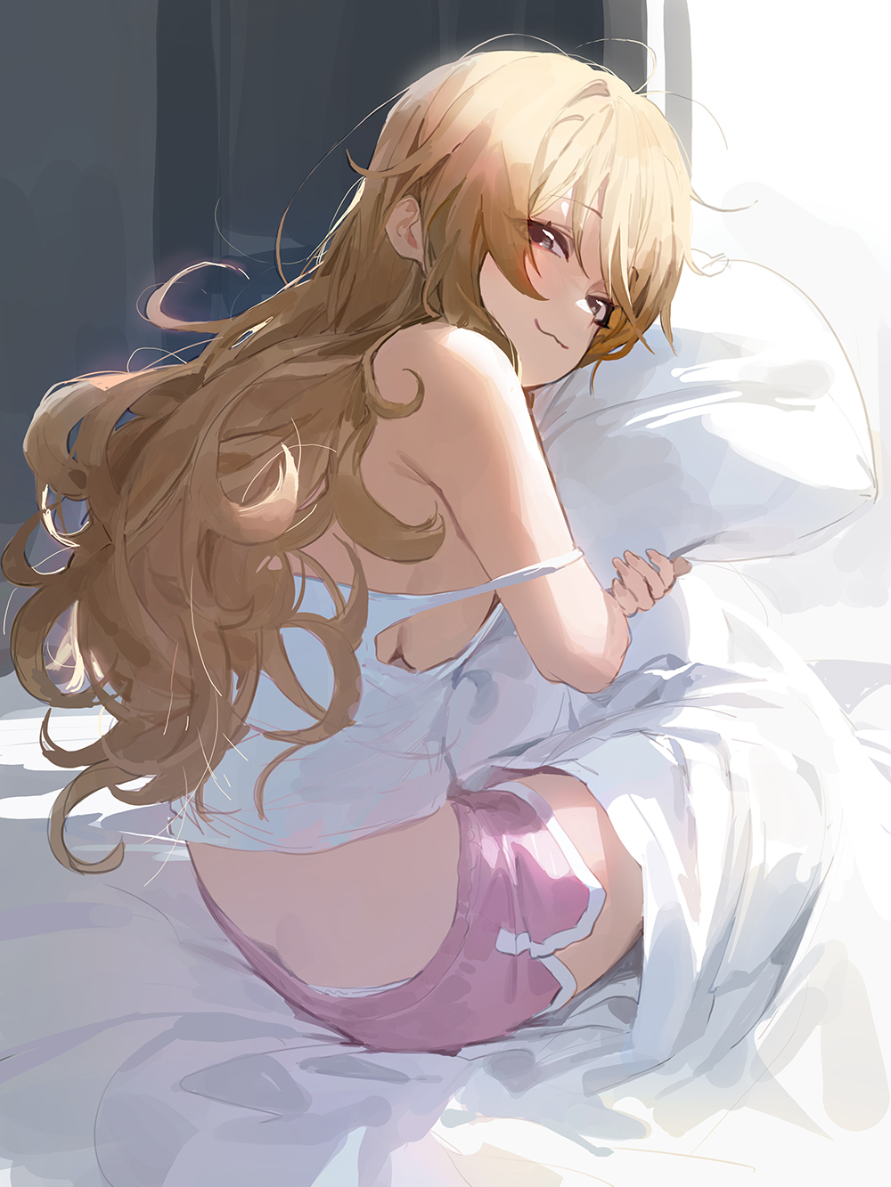 1girl :3 ass boyshorts brown_hair camisole closed_mouth crop_top from_side highres indoors konoe_kanata long_hair looking_at_viewer love_live! love_live!_school_idol_festival_all_stars messy_hair mossi on_bed panties pantyshot pantyshot_(sitting) pillow pillow_hug short_shorts shorts sitting smile solo strap_slip underwear white_panties